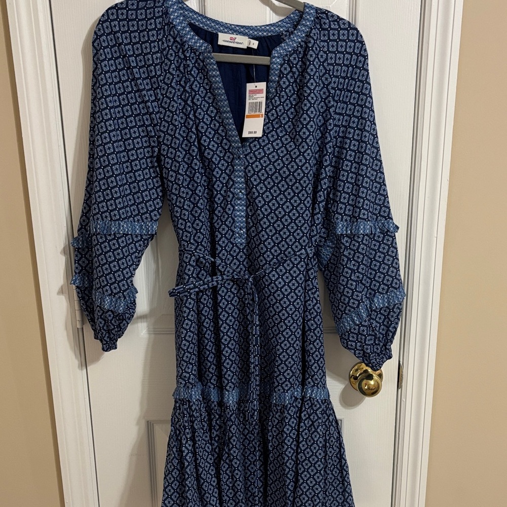 Vineyard Vines Navy Blue Printed Tiered Long-Sleeve Dress
